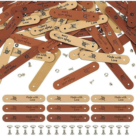 48 Sets PU Leather Label 2.5x0.5inch Beige Chocolate Saddle Brown Oval Leather Crochet Labels Ball of Yarn Pattern Handmade Embossed Tag with Rivets DIY