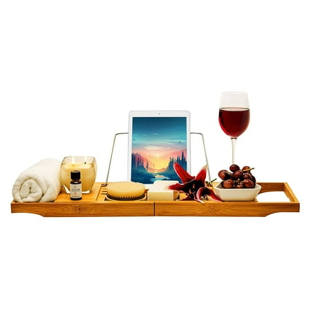 Zinkoo Bamboo Bathtub & Spa Caddy Portable Adjustable 40 inch Organizer Storage Serving Tray Waterproof Foldable Metal Book Tablet Wine Glass Candle Holder TCB20128