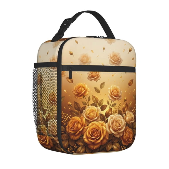 Rose Flower Lunch Box, Structured Multi-Layer Insulated Meal Bag, Reusable Advanced Thermal Bento Container, Elegant Floral Pattern Work Tote with Durable