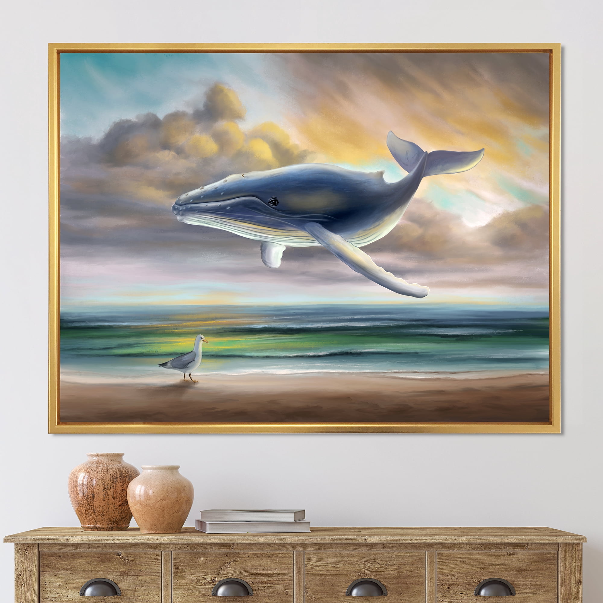 Designart 'Whale Floating In The Sky Over Beach' Children's Art Framed Canvas Wall Art Print