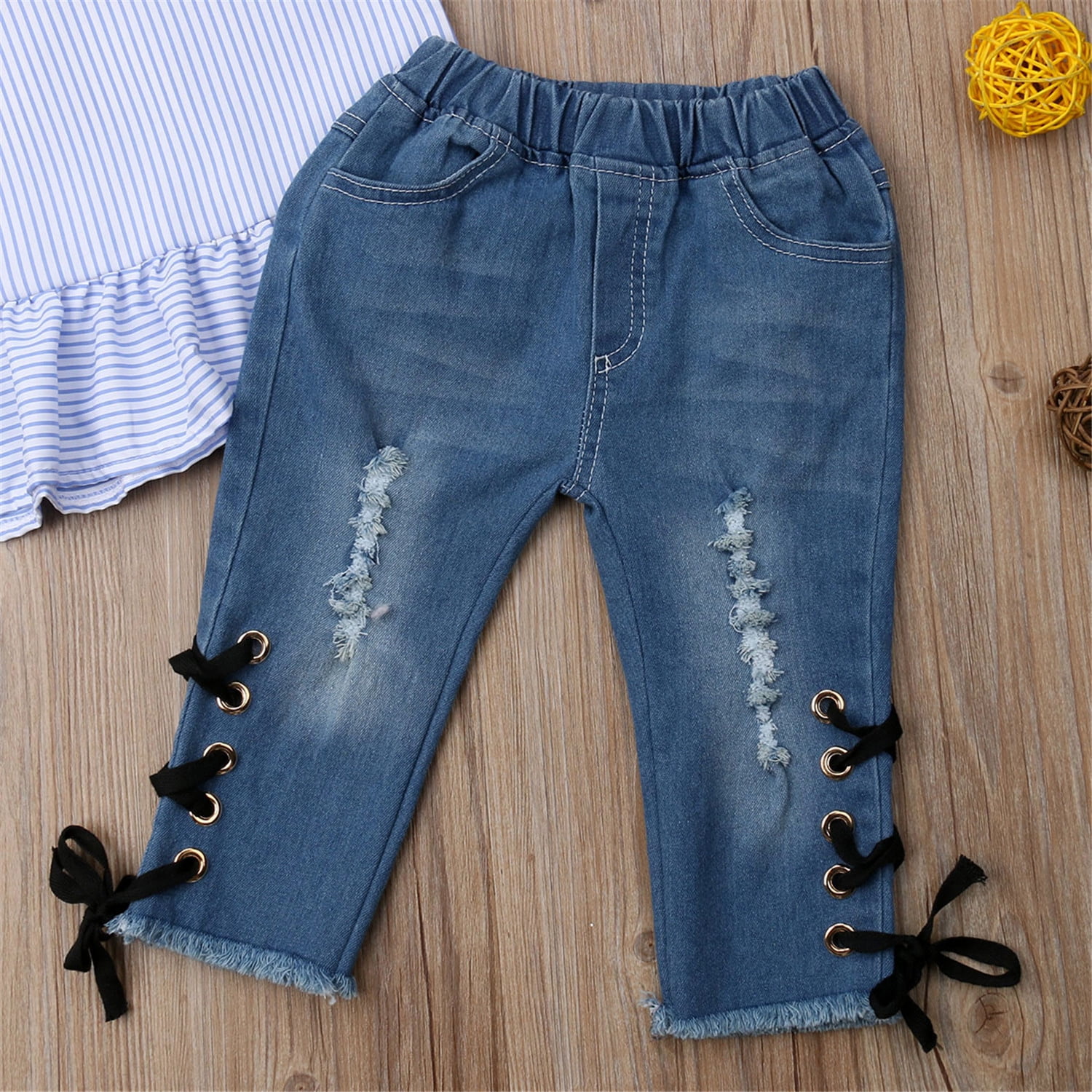 IZhansean Toddler Baby Girls Stripe Tops Shirt Ripped Denim Pants Jeans  Outfits Clothes Light Blue 18-24 Months