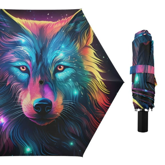 Rainbow Color Wolf Compact Sun Umbrella Windproof Travel Umbrellas for Rain Strong Portable UV Protection
