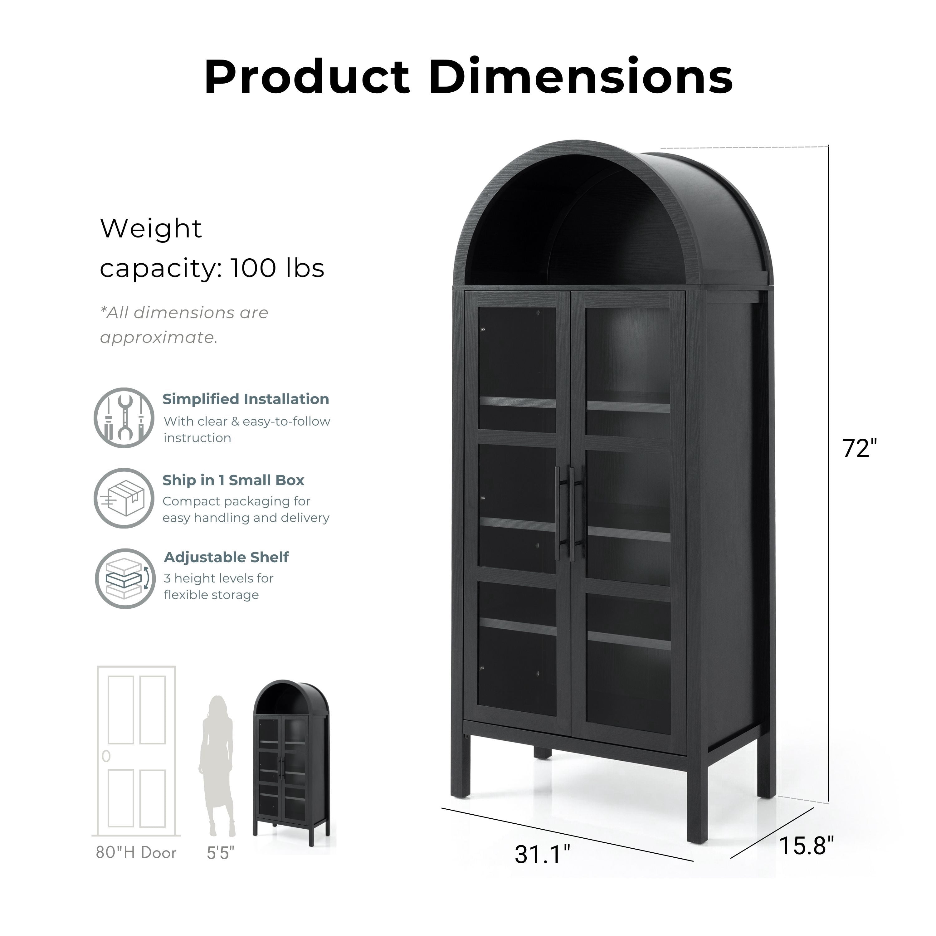 Furniture of America Watson Rustic Wood 72-inch Tall Arched Accent Cabinet with Adjustable Shelves, Black