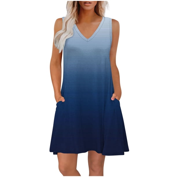 Vestido Corto para Mujeres Verano sin Mangas Cuello en V, Impresión de Moda con Bolsillos, Poliéster de Algodón Casual