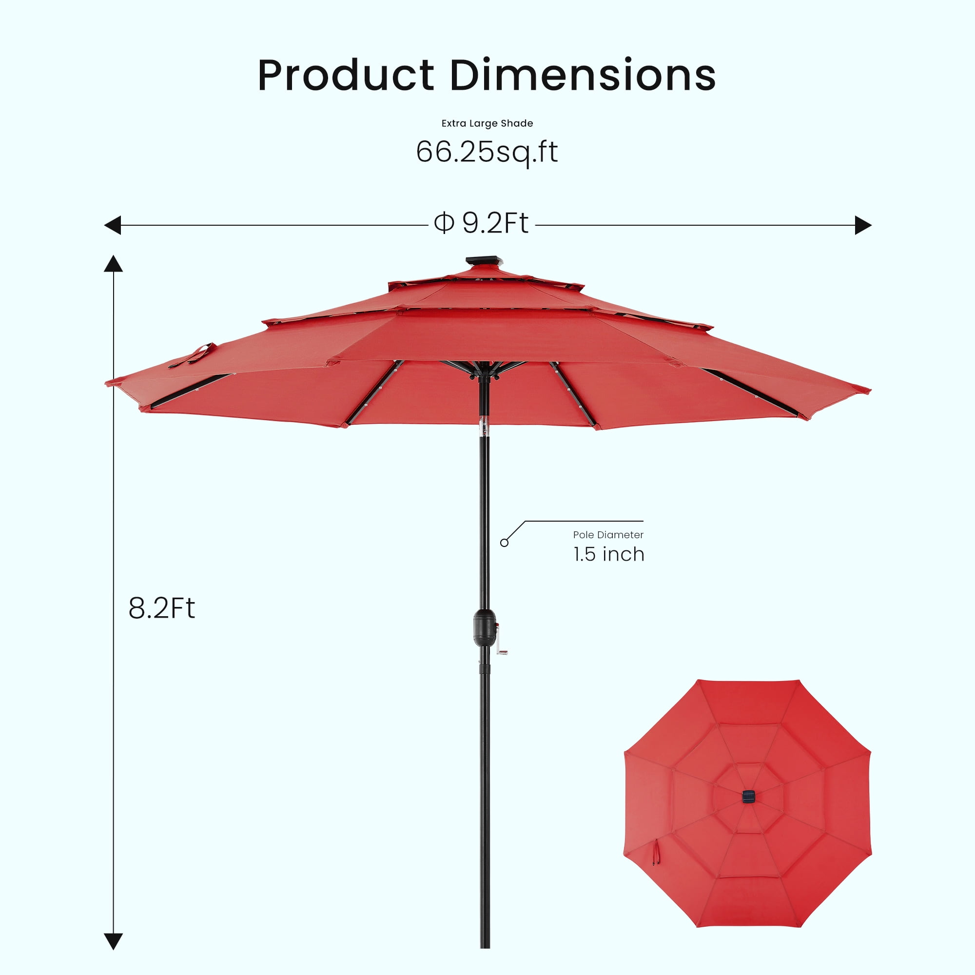 EDX 10ft 3-Tier Solar Patio Umbrella with 32 LED Lights, Outdoor Umbrellas with Push Button Tilt and Crank,Red