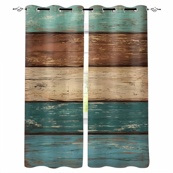 Teal Turquoise Wooden Blackout Curtains for Bedroom/Living Room, Thermal Insulated Kitchen Curtains, Rustic Retro Farmhouse Western Country Grommet Darkening Window Treatment Drapes 27.5"x39"x2