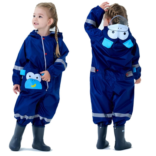 QUOTAY Veste de Pluie pour Tout-Petits avec Design de Dessin Animé Mignon Réfléchissant, une Pièce pour Jouer en Extérieur, Âges 1-10, Poncho de Pluie pour Enfants, Marine, m