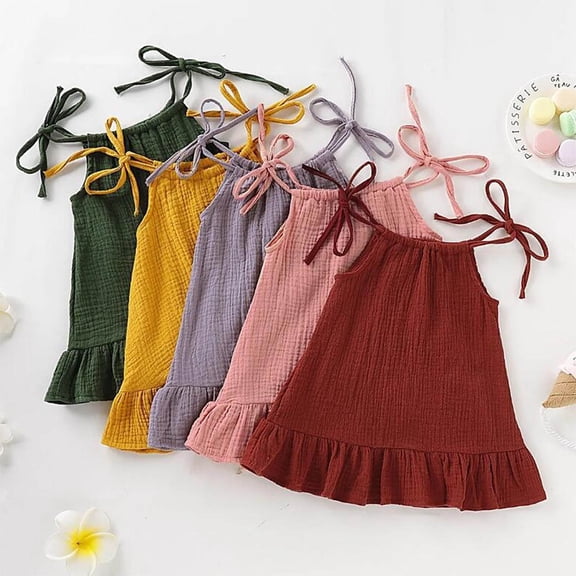 YHAJDS Baby Girl Dress Solid Color Sleeveless Cami Linen Feel Layered Summer for 0-3 Years