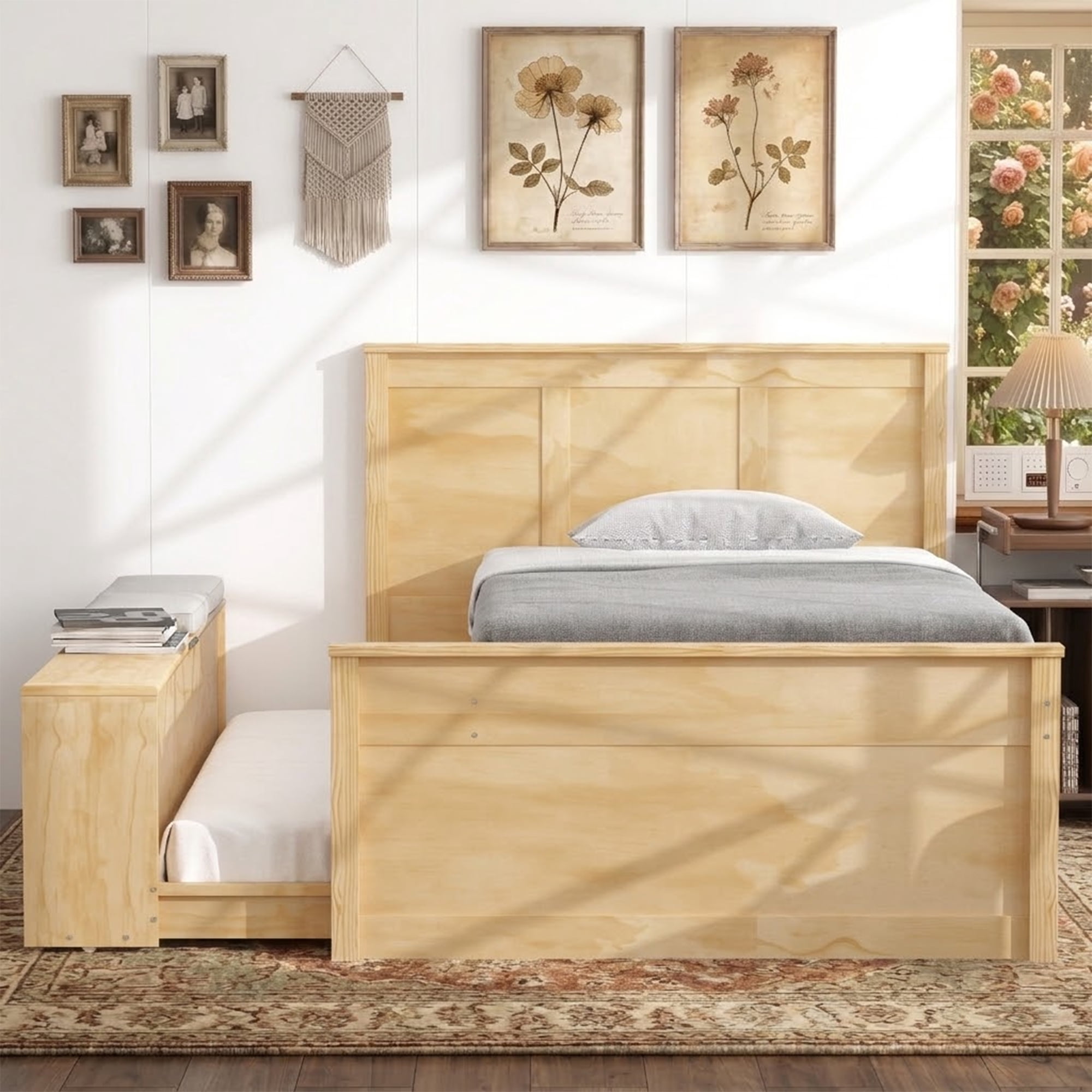 Mintazer Twin Platform Bed with Pull-Out Trundle, Modern Bookcase Bed with Storage Cabinet, No Box Spring Needed, Natural