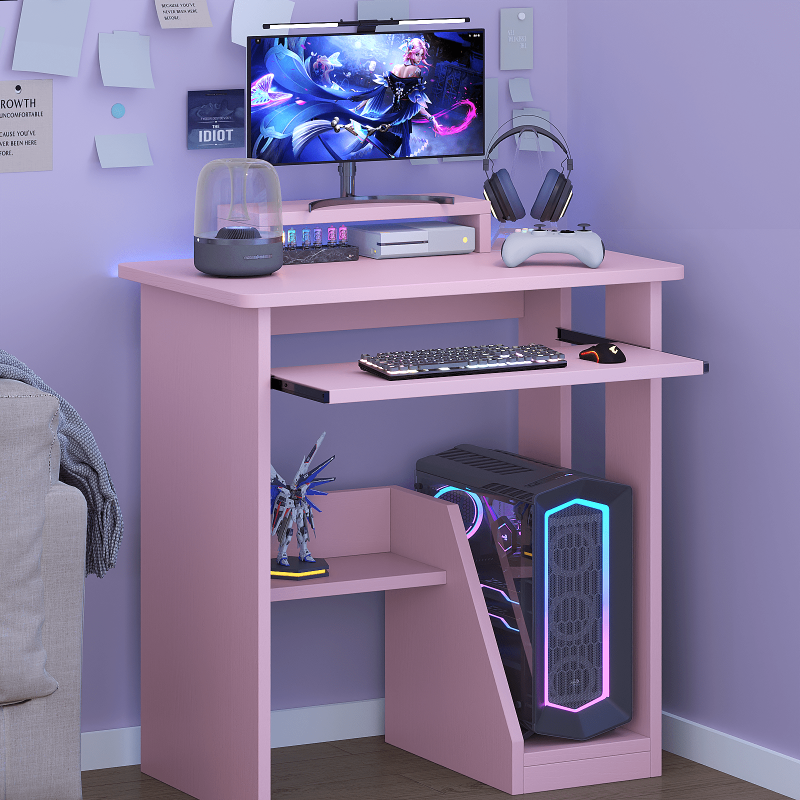 Zenira 29in Computer Desk with Monitor Stand and Keyboard Tray for Small Space, Wood PC Laptop for Bedroom, Writing Table with Shelves for Living room, Pink