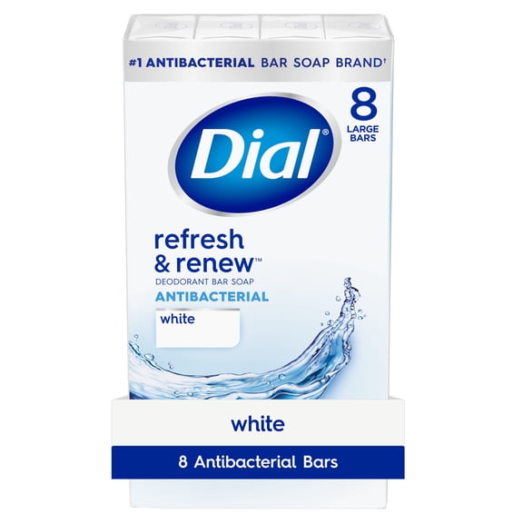 Dial Antibacterial Bar Soap, Refresh & Renew White Deodorant Bar, 4 oz (8 Bars)