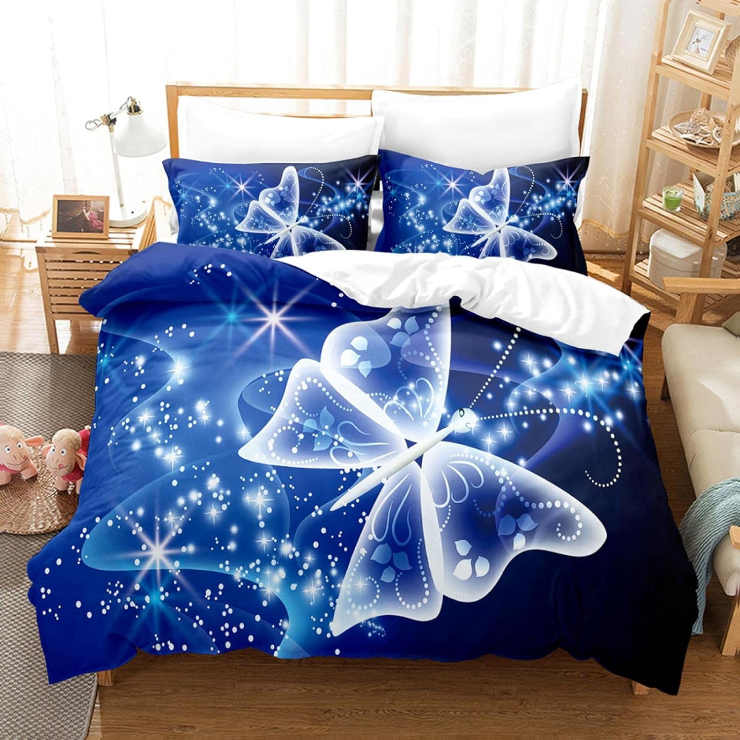 LAICAIW Kids 3 Bedding Set Zipper Duvet Cover Sheet Pillowcase 3D Single 140 x 200 cm Blue Art Butterfly Cloth Duvet Cover Nordic Bed Covers