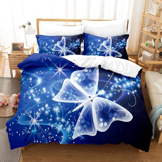 LAICAIW Modern 3 Zipper Bedding Set for Adult Kids Comforter 3D Full 200 x 200 cm Blue Art Butterfly Bed Sheet Bedding Linens Set King Queen Twin
