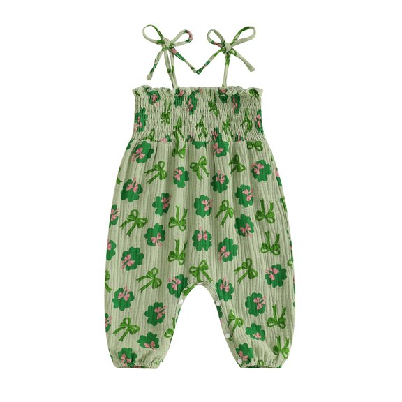Baby Toddler Girls Jumpsuit, 6 12 18 24 Months Sleeveless Tie-up Pleated Clover Bow Print Casual Romper Clothes
