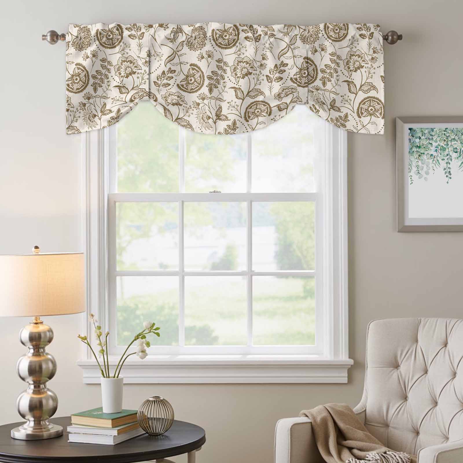 Farmhouse Brown Floral Tie Up Valances Curtain, Linen Boho Flower Rustic Country Adjustable Rod Pocket Short Window Treatment Tie Up Curtains Valances for Kitchen Living Room Bathroom 54x18 Inches