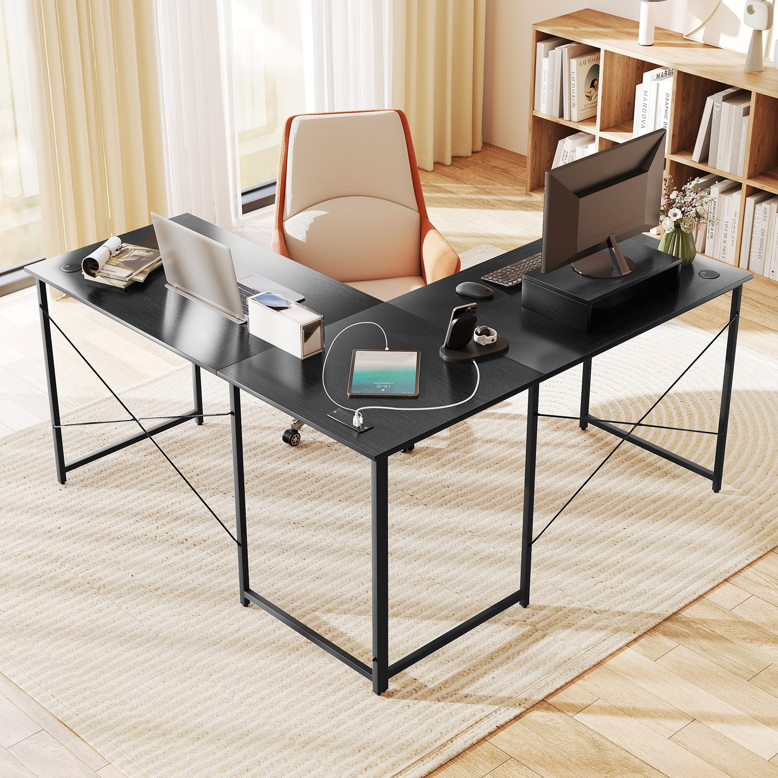 Gymax L-Shaped Reversible Computer Desk 2-Person Long Table w/Monitor Stand Black