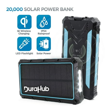 DuraHub - Solar Power USB Battery Bank with QI Wireless - True 20000mAh Ultra Capacity - Rugged, Portable, Waterproof - 4 Charge Ports + LED Light - Great for Camping/Hiking/Outdoor - Sky Blue