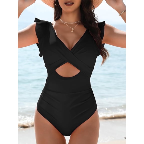 Women's One Piece Swimsuit Ruffle Cutout Bathing Suits Slimming Tummy Control V Neck Wrap Swimwear