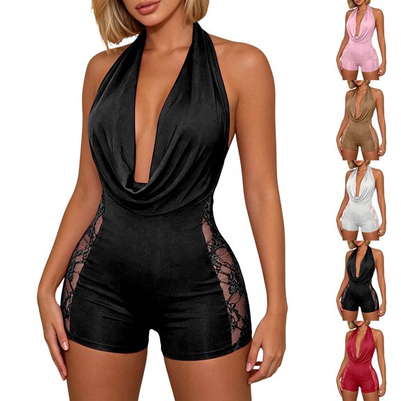 Arlun Womens One Piece Halter Shorts Romper Outfits Lace Splicing Backless Cowl Neck Jumpsuits Sleeveless Deep V Bodycon Shorts Set Solid Color Stretchy Slim Fitted Clubwear White S