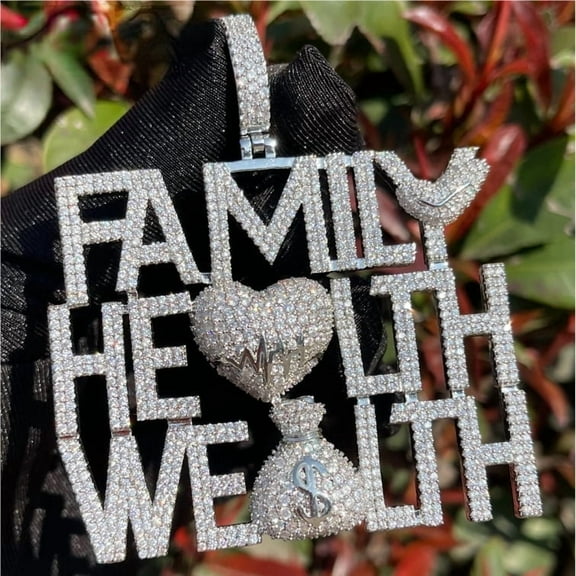 Heyoubi Iced Out Pendant Family Health Wealth Necklace for Men Prong Setting Hip Hop Jewelry
