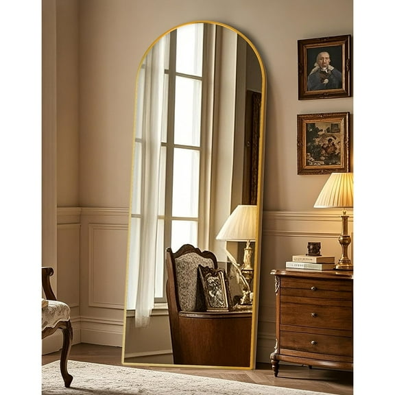 Wall Mirror Full Length Mirror,Standing Mirror Full Body,Large Floor Mirror for Wall Door Bedroom Bathroom Living Room with Aluminium Frame(with Stand,Arch 75x35-Gold)