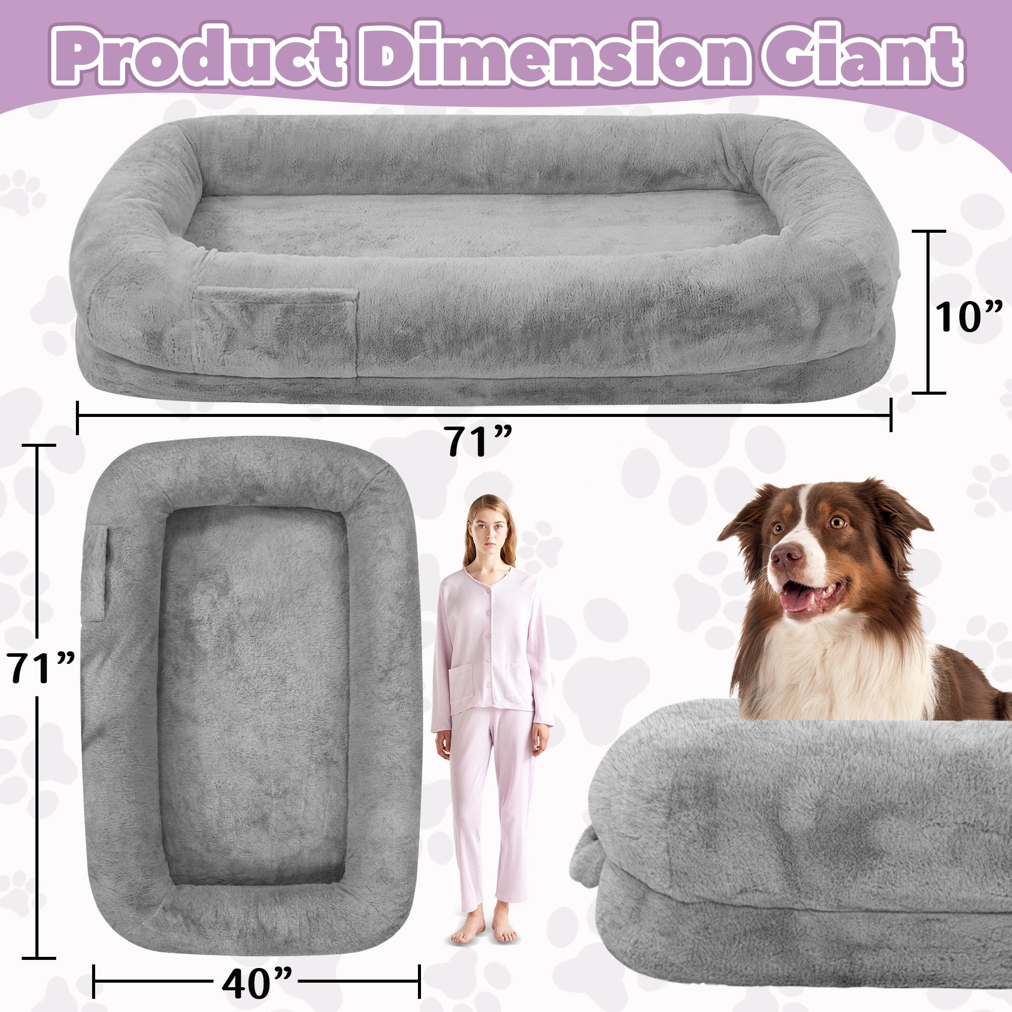 KROFEM Cozy Human Dog Rest Bed, 71"x43"x10" Orthopedic Memory Foam with Soft Bolster, Washable Plush Cover Non-Slip Base and Side Storage Pocket for Adults and Pets, Black, Light Grey