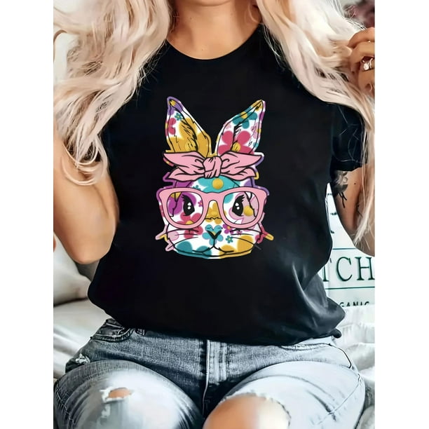 Women's Easter Bunny Graphic T-Shirt - Casual Crew Neck, Short Sleeve, Comfortable Polyester Tee with Colorful Glasses & Floral Bow Design, Ideal for Spring & Summer Tee For Adult, Men, Women, Teen,
