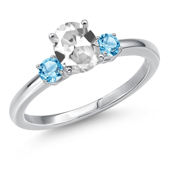 Gem Stone King 14K White Gold White Created Sapphire and Swiss Blue Topaz Engagement Ring for Women | 1.30 Cttw | Oval 7X5MM | Gemstone September Birthstone | Size 5