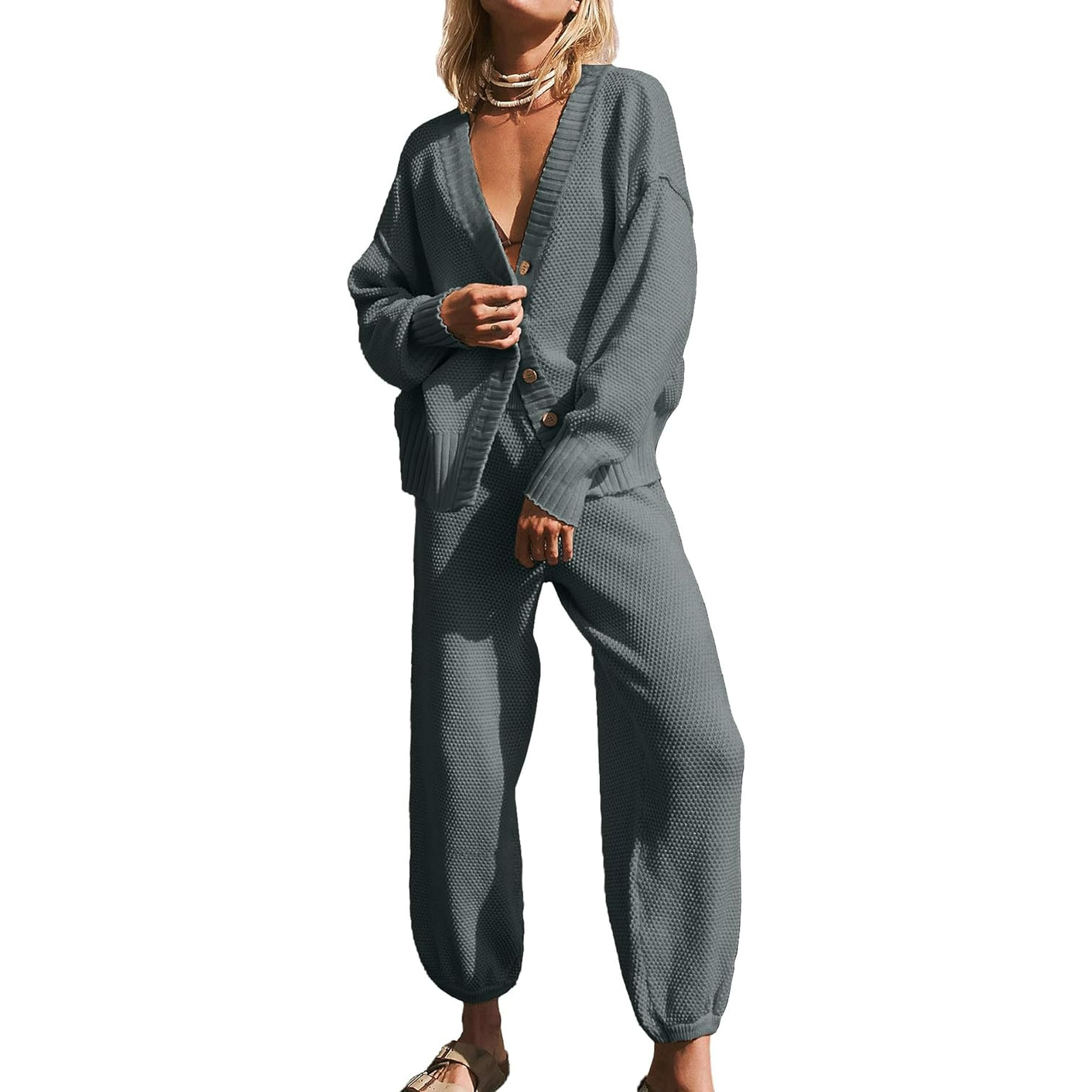 SURJDE Women s Two Piece Outfits Sweater Sets Oversized Knit Cardigan and High Waisted Baggy Pants Matching Set Lounge Sets