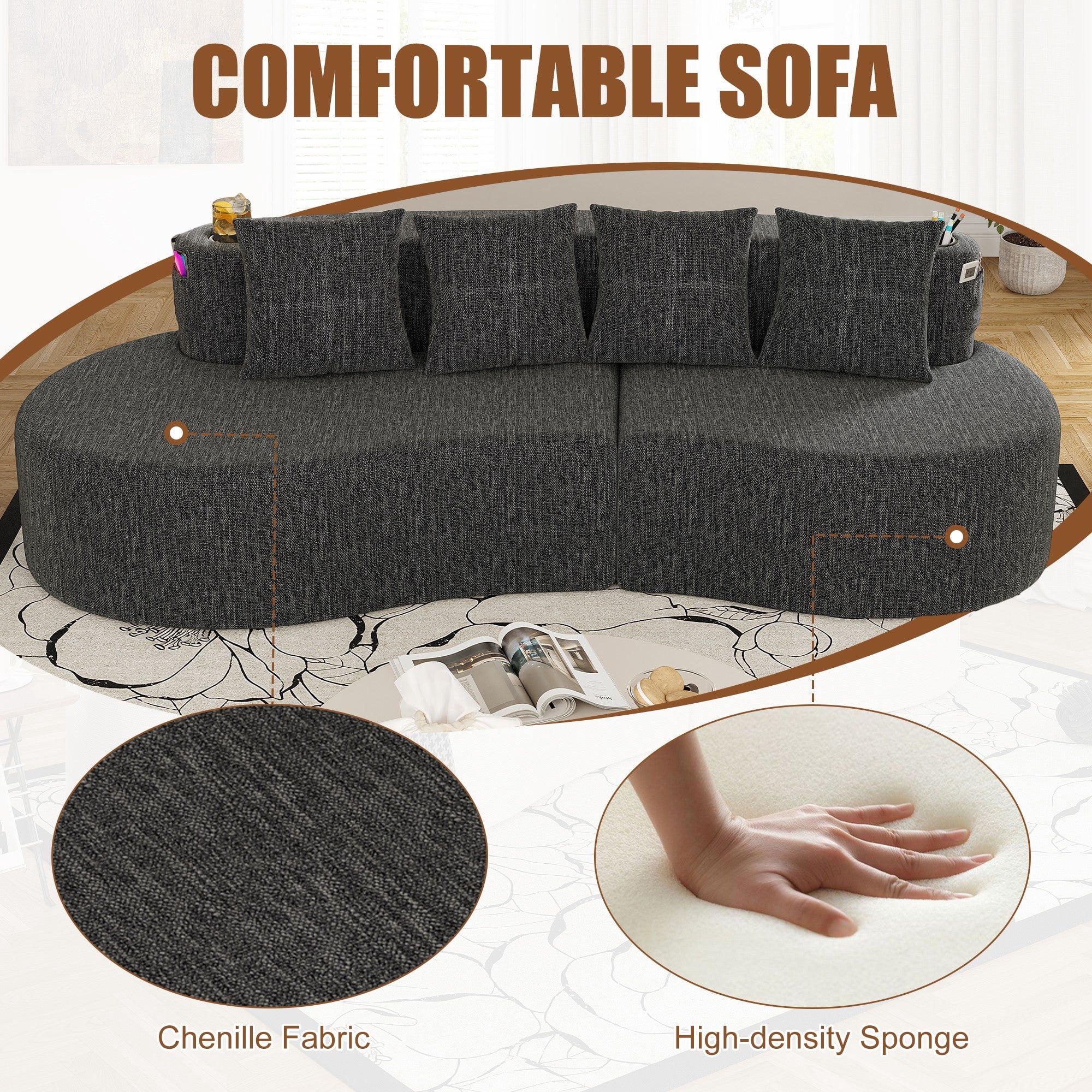 Sailvan Modern Curved Sectional 3 Seat Sofa,Minimalist Half Moon Modular Couch for Living Room,Office and Apartment,Soft Chenille Fabric Dark Gray