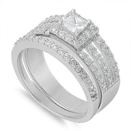 All In Stock Set Of 2 Princess Cut Center Halo Cubic Zirconia Ring All In Stock Set Of 2 Princess Cut Center Halo Cubic Zirconia Ring Wedding Sterling Silver 925