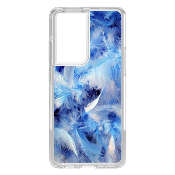 DistinctInk Clear Shockproof Hybrid Case for Galaxy S21 ULTRA 5G (6.8" Screen) - TPU Bumper, Acrylic Back, Tempered Glass Screen Protector - Blue Feathers