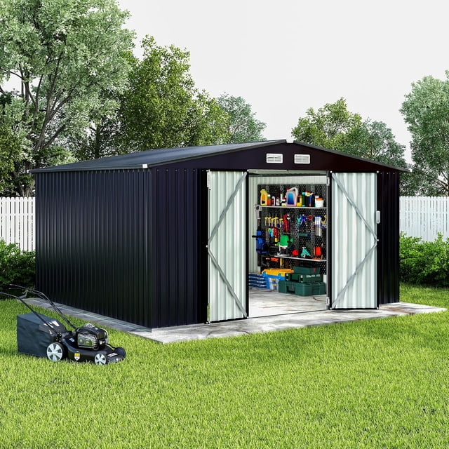 Unité de Rangement Extérieure en Métal 8 X 10 Pi – Porte Verrouillable Sécurisée, Évent, Grande Capacité, Bâtiment Utilitaire Résistant aux Intempéries pour Cour Arrière, Jardin, Patio Ou Pelouse – Gris Foncé