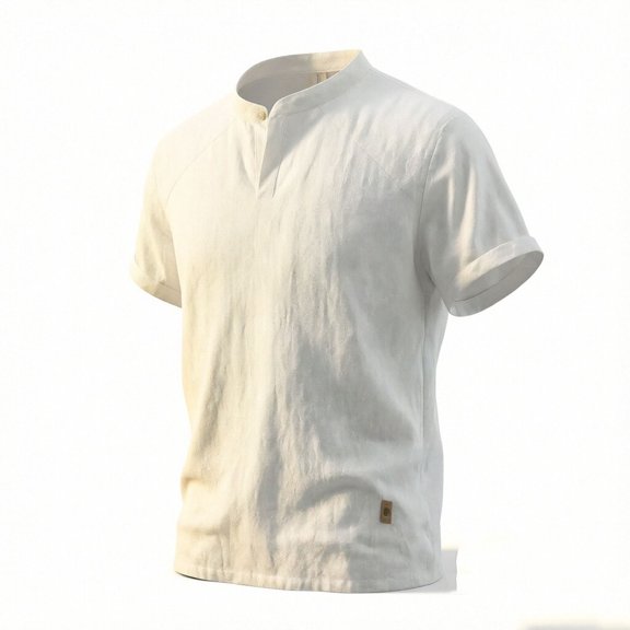 successthop Collarless Shirts for Men Short Sleeve T Shirt with Button Mock Neck Top Breathable Vacation Clothes White