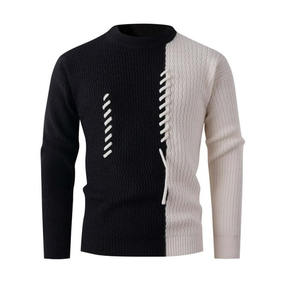 HKEJIAOI Patchwork Sweater for Men Colorblock Jumper Cable Knitted Pullover Winter Warm Casual Round-Neck Sweater