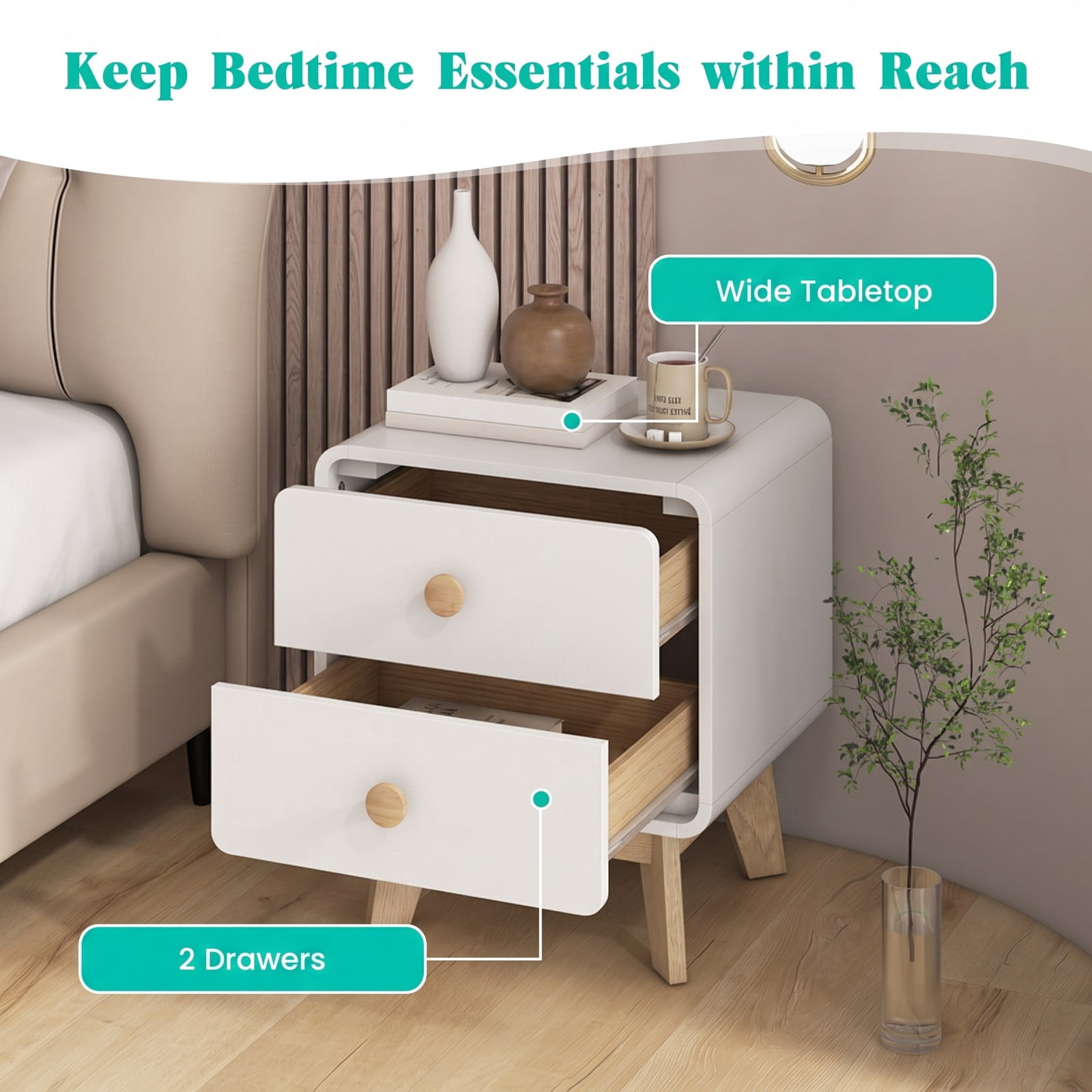 Furnibear Nightstand Set of 2 with 2 Drawers Each and Solid Rubber Wood Legs, Mid-century Bedside Tables for Bedroom, White