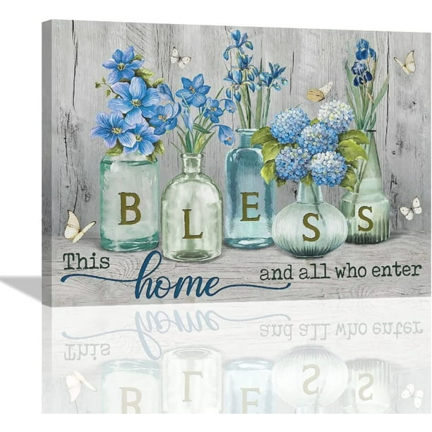 Farmhouse Flowers Wall Art Rustic Blue Floral Butterfly Canvas Painting
