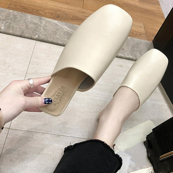 AXXD Women Beige Sandals Summer Baotou Retro New Shoes Toe Thick Heel Sandals