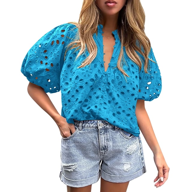 Camisa para Mujer PRETTYGARDEN Cuello en V con Encaje y Manga Corta XXL