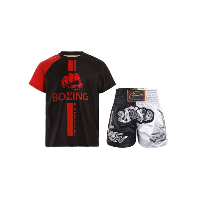 YONGHS Ensemble d'Uniforme de Muay Thai pour Garçons, Tenues de Grappling Kickboxing, Chemises de Sport avec Boxeurs Rouge&Noir&Blanc 10