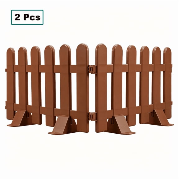 Twfbrm 2 Pcs Brown Plastic Garden Fence with Base, Decorative Landscape Border Flowerbeds Edging Panels, Weather-Resistant No Dig Outdoor Picket Fence for Yard Lawn Patio Pathways and Christmas Tree
