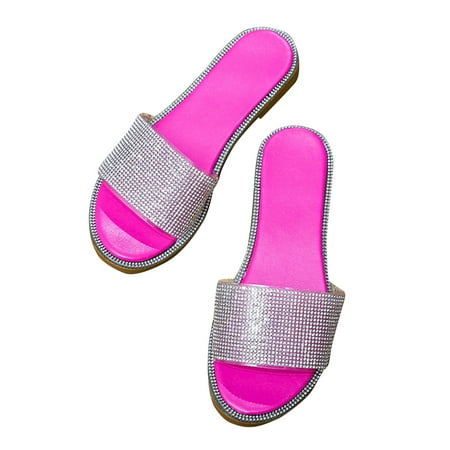 

Lovskoo 2024 Slippers for Women Slides Open Toe Slip On Rhinestones Casual Outdoor Travel Beach Shoes Hot Pink
