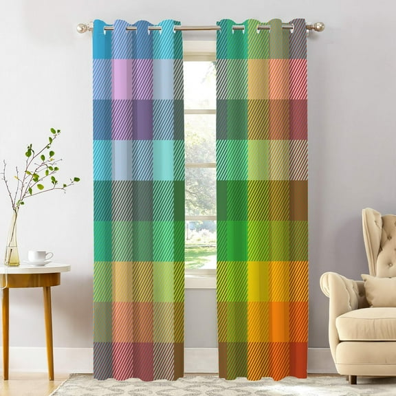 Colorful Geometric Checkered Blackout Window Curtains, Rainbow Thermal Insulated Curtains Grommet Top Window Drapes for Living Room, Bedroom 26"W x 54"L (Pack of 2)