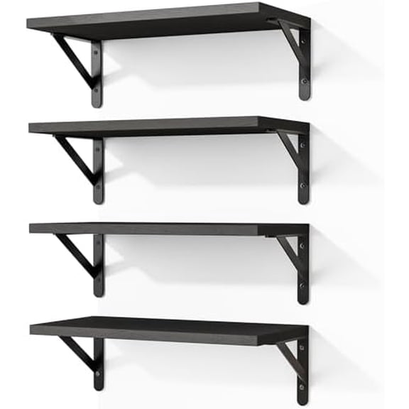 Floating Shelves for Wall, Wood Wall Mounted Shelves for Bedroom, Bathroom, Living Room, Kitchen Storage and Decor(Black, Set of 4, 16.5 Inch)