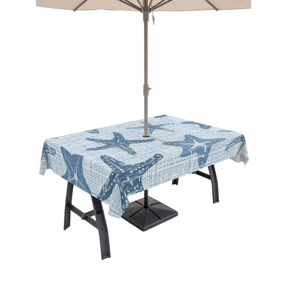 52x70 Inch Outdoor Tablecloth with Umbrella Hole Zipper Rectangle Bluefish Coastal Rectangular Tablecloths Outside Waterproof Vintage Seaside Tropical Patio Table Cloth Cover for Picnic Party