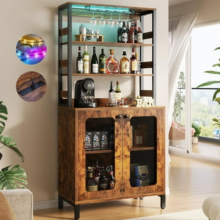 Aheaplus Bar Cabinet with Power Outlets, Wine Bar Cabinet Liquor Cabinet with LED Lights & Glass Holder, Coffee Bar Station, Microwave Stand, Rustic Brown
