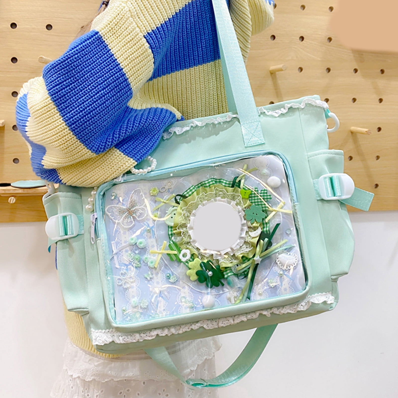 HUISZJ Women Preppy Messenger Bag, Adjustable Strap Preppy Y2K Messenger Bag, Cute Bow Anime Crossbody Bag for Travel Work (Green)