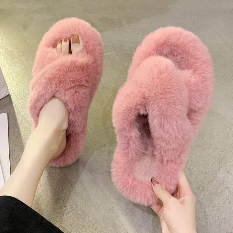 Winter House Women Fur Slippers Fashion Cross Band Warm Plush Ladies Fluffy  Shoes Cozy Open Toe Indoor Fuzzy Slides For Girls