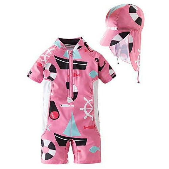 Styles I Love Little Girls Nautical Print One-Piece Rash Guard Swimsuit with Sun Hat 2pcs Pink Bathing Suit Beach Swimwear