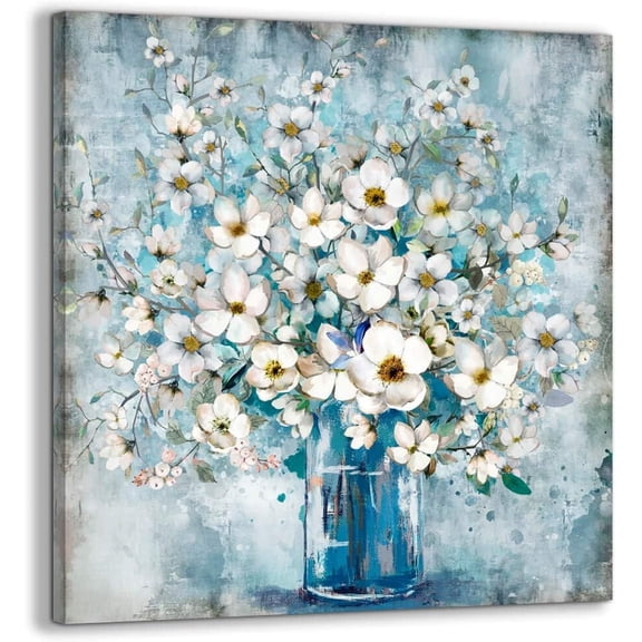 Bathroom Wall Decor - Blue Flower Picture Artwork for Walls - 14x14 Inches Blue and White Floral Wall Art for Office Bedroom Canvas Wall Art